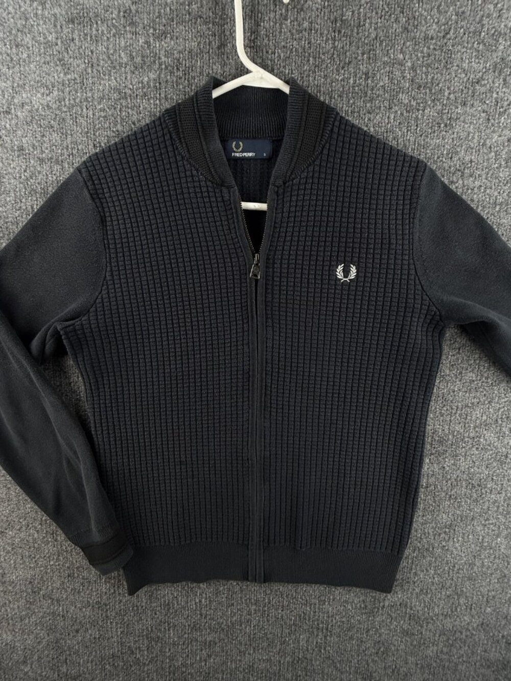 Fred Perry Waffle Knit Logo Small Long Sleeve Cotton Nylon Full Zip Black Solid